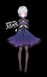 Rule 34 | 1girl, absurdres, animal, black background, black pantyhose, blush, breasts, cat, chen yan, commentary request, copyright name, darker than black, dated, dress, full body, hair between eyes, highres, holding, holding animal, holding cat, looking at viewer, medium breasts, pantyhose, pink eyes, purple dress, short hair, silver hair, solo, standing, yin (darker than black)