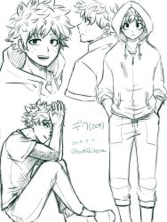 Rule 34 | 1boy, alternate costume, boku no hero academia, buthikireta, collarbone, commentary request, dated, feet out of frame, freckles, from side, hands in pockets, highres, hood, hood up, hoodie, looking at viewer, male focus, midoriya izuku, multiple views, open mouth, pants, scar, scar on arm, shoes, simple background, sitting, smile, teeth, translation request, white background
