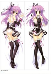 Rule 34 | 1girl, absurdres, black thighhighs, bra, breasts, cleavage, comparison, copyright request, dakimakura (medium), detached sleeves, dress, frilled dress, frilled thighhighs, frills, hair ribbon, highres, large breasts, mitha, multiple views, one side up, panties, purple eyes, purple hair, ribbon, side ponytail, thighhighs, underwear, white panties