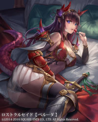 Rule 34 | 1girl, armor, ass, bed, bikini armor, black hair, blue eyes, breasts, candy, copyright name, cuboon, dragon tail, food, gradient hair, horns, large breasts, lollipop, long hair, lost crusade, multicolored hair, official art, pointy ears, purple hair, red hair, solo, sword, tail, weapon