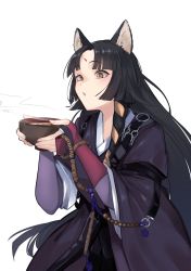 Rule 34 | 1girl, :o, animal ear fluff, animal ears, arknights, black hair, black kimono, blowing, blush, bowl, braid, brown eyes, commentary, cowboy shot, dog ears, facial mark, forehead mark, highres, holding, holding bowl, japanese clothes, kamatpit, kimono, long hair, long sleeves, parted bangs, parted lips, revision, saga (arknights), side braid, simple background, solo, steam, tasuki, very long hair, white background, wide sleeves