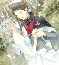 Rule 34 | 10s, 1girl, blue eyes, blush, breasts, bridal veil, brown hair, capelet, cleavage, commentary request, couple, darling in the franxx, dress, flower, grey hair, hair flower, hair ornament, half-closed eyes, hat, holding hands, kokoro (darling in the franxx), long sleeves, looking at another, married, military, military hat, military uniform, mitsuru (darling in the franxx), outdoors, petals, shiya (mizushibuki), sleeveless, sleeveless dress, smile, strapless, strapless dress, uniform, veil, wedding, wedding dress