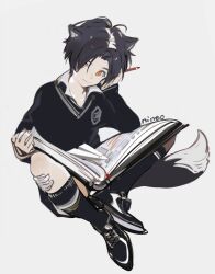 Rule 34 | 1boy, animal ear fluff, animal ears, bandaid, bandaid on leg, black footwear, black hair, black shorts, black sleeves, black socks, black sweater, book, character request, closed mouth, collarbone, collared shirt, copyright request, crest, cross-laced footwear, fingernails, fox ears, fox tail, full body, grey background, hand on own head, highres, holding, holding book, holding pencil, kneehighs, light smile, long sleeves, male focus, multicolored hair, nineo, open book, orange eyes, paper airplane, parted bangs, pencil, shirt, shoes, short hair, shorts, simple background, sitting, sleeves past wrists, sneakers, socks, solo, streaked hair, sweater, tail, white hair, white undershirt