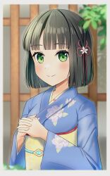Rule 34 | 1girl, black hair, blue kimono, blunt bangs, blunt ends, blurry, blurry background, blurry foreground, blush, border, closed mouth, commentary, depth of field, floral print kimono, flower, flower knot, green eyes, hair flower, hair ornament, highres, interlocked fingers, japanese clothes, kimono, link! like! love live!, long sleeves, looking at viewer, love live!, momose ginko, nanakussa, obi, official alternate costume, own hands clasped, own hands together, sash, short hair, smile, solo, split mouth, upper body, virtual youtuber, white border, wide sleeves, yellow sash