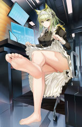 Rule 34 | 1girl, absurdres, animal ear fluff, animal ears, apron, arknights, bare legs, barefoot, chair, clothes lift, dress, feet, feet up, foot focus, foreshortening, frilled apron, frills, full body, green dress, green eyes, highres, kal&#039;tsit (arknights), looking at viewer, maid, maid apron, maid headdress, monitor, panties, short hair, skirt, skirt lift, soles, underwear, white apron, xo (xo17800108)