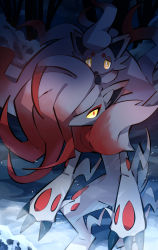 Rule 34 | bright pupils, claws, closed mouth, commentary request, creatures (company), evolutionary line, frown, game freak, highres, hisuian zoroark, hisuian zorua, looking at viewer, makoto ikemu, night, nintendo, no humans, outdoors, pokemon, pokemon (creature), signature, snow, standing, white pupils, yellow eyes