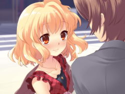 Rule 34 | 1boy, 1girl, blonde hair, blush, brown hair, casual, close-up, collarbone, couple, eye contact, flat chest, flyable heart, frills, game cg, hetero, highres, ito noizi, jewelry, katsuragi shou, looking at another, necklace, orange eyes, outdoors, plaid, ponytail, short hair, side ponytail, smile, stairs, sumeragi amane (flyable heart)