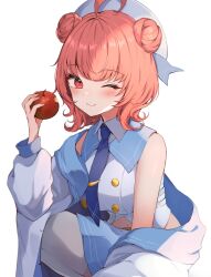 Rule 34 | 1girl, ;), ahoge, apple, bare shoulders, belt, blue jacket, blue necktie, blue sailor collar, blue skirt, blush, breasts, buttons, double-breasted, double bun, food, fruit, grey belt, hair bun, hat, highres, holding, holding food, holding fruit, jacket, large breasts, long sleeves, looking at viewer, medium hair, miniskirt, multicolored clothes, multicolored jacket, navel, necktie, nomo (no mo), off shoulder, on one knee, one eye closed, open clothes, open jacket, pink eyes, pink hair, pleated skirt, sailor collar, shirt, simple background, skirt, sleeveless, sleeveless shirt, smile, solo, thighhighs, two-tone jacket, underbust, virtual youtuber, vspo!, white background, white hat, white jacket, white shirt, white thighhighs, wing collar, yumeno akari