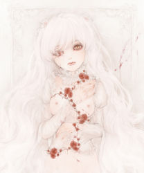 Rule 34 | 1girl, bleeding, blood, breasts, brown eyes, cuts, doll, flower, injury, kirakishou, long hair, looking at viewer, nipples, red flower, red rose, rose, rozen maiden, scratches, small breasts, solo, thorns, white flower, white hair, white rose, yukishiro (hitsuji)