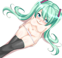 Rule 34 | 1girl, bad id, bad pixiv id, breasts, crossed legs, from above, green eyes, green hair, groin, hatsune miku, hikataso, long hair, matching hair/eyes, navel, panties, panty pull, simple background, sitting, solo, thighhighs, twintails, underwear, very long hair, vocaloid, white background