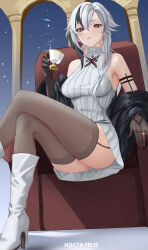 Rule 34 | 1girl, absurdres, arlecchino (genshin impact), arm tattoo, artist name, bare shoulders, black hair, boots, breasts, commentary, crossed legs, cup, dress, genshin impact, grey thighhighs, high heel boots, high heels, highres, holding, holding cup, jewelry, long hair, looking at viewer, medium breasts, nocta felis, ribbed dress, ring, sitting, sleeveless, sleeveless dress, solo, tattoo, thighhighs, thighs, turtleneck dress, very long hair, white dress, white footwear, white hair