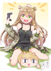 Rule 34 | 1girl, :d, ahoge, bare shoulders, black choker, black dress, blush, bow, breasts, brown hair, camouflage, camouflage jacket, character doll, choker, collarbone, commentary request, controller, dress, fishnets, full body, fur-trimmed jacket, fur trim, game controller, girls&#039; frontline, green bow, green eyes, green socks, hair between eyes, hair bow, harada (sansei rain), highres, holding, jacket, kneehighs, long hair, long sleeves, looking at viewer, medium breasts, notice lines, off shoulder, open clothes, open jacket, open mouth, puffy long sleeves, puffy sleeves, rfb (girls&#039; frontline), sitting, sleeveless, sleeveless dress, smile, socks, solo, striped clothes, striped socks, teeth, translation request, two side up, upper teeth only, vertical-striped clothes, vertical-striped socks, very long hair, wariza