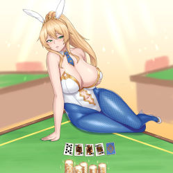 Rule 34 | 1girl, animal ears, artoria pendragon (all), artoria pendragon (fate), artoria pendragon (swimsuit ruler) (fate), blonde hair, breasts, card, cleavage, fate/grand order, fate (series), fishnets, green eyes, high heels, huge breasts, leotard, playing card, rabbit ears, sitting, solo, zb44564344, zb (xucz8527)