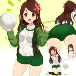 Rule 34 | &gt; &lt;, +++, 10s, 2girls, :d, akagi (kancolle), amagi (kancolle), ass, ball, blush, breasts, brown eyes, brown hair, clenched hand, closed eyes, collarbone, embarrassed, flower, flying sweatdrops, green jacket, green shorts, gym uniform, hair flower, hair ornament, highres, holding, holding ball, jacket, kantai collection, kneeling, kusaka souji, long hair, medium breasts, mole, mole under eye, motion lines, multiple girls, multiple views, nose blush, open clothes, open jacket, open mouth, over-kneehighs, own hands together, playing sports, shirt, shoes, short shorts, short sleeves, shorts, sleeves past wrists, smile, thighhighs, track jacket, volleyball, volleyball (object), volleyball net, white footwear, white shirt