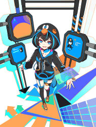 Rule 34 | 1girl, animal hood, arch linux, arrow (symbol), bird, black hair, black jacket, black shorts, black thighhighs, blue eyes, blue hair, collarbone, commentary, commission, crossed bangs, from above, full body, garter straps, hair between eyes, highres, hologram, holographic interface, hood, hood up, hooded jacket, ideolo, jacket, linux, logo, long sleeves, looking at viewer, multicolored hair, open mouth, orange footwear, os-tan, pac-man (game), penguin, personification, pixel art, pixiv commission, puffy long sleeves, puffy sleeves, sharp teeth, short hair, short shorts, shorts, solo, square, standing, streaked hair, teeth, thigh strap, thighhighs, two-tone hair