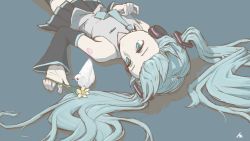 Rule 34 | 1girl, aqua eyes, aqua hair, aqua necktie, artist request, bare shoulders, bird, black skirt, black thighhighs, blue background, closed mouth, collared shirt, commentary request, cropped legs, detached sleeves, dress shirt, expressionless, flower, grey shirt, hand on own chest, hatsune miku, headphones, highres, holding, holding flower, long hair, looking at animal, lying, necktie, number tattoo, on back, pleated skirt, shirt, shoulder tattoo, simple background, skirt, sleeveless, sleeveless shirt, solo, tattoo, thighhighs, twintails, vocaloid, zettai ryouiki