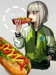 Rule 34 | 1girl, absurdres, bad id, bad tumblr id, bob cut, eating, english text, food, food on face, green jacket, grey background, hand in pocket, highres, holding, holding food, hot dog, jacket, ka 4maki, ketchup, konpaku youmu, long sleeves, messy, mustard, open mouth, red eyes, shirt, silver hair, simple background, sleeves rolled up, solo, teeth, touhou, track jacket, upper body, zipper