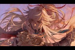 Rule 34 | 1boy, armor, blonde hair, bridal gauntlets, calendulamew, chinese commentary, cloud, commentary request, floating hair, hair between eyes, hair ribbon, highres, holding, holding weapon, honkai: star rail, honkai (series), jing yuan, letterboxed, long hair, looking to the side, male focus, mandarin collar, mole, mole under eye, outdoors, pauldrons, ponytail, portrait, purple sky, ribbon, serious, shoulder armor, sky, solo, weapon, yellow eyes