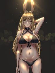 Rule 34 | 1girl, ahoge, animal ears, arm behind head, bare shoulders, black choker, blonde hair, blurry, bokeh, breasts, choker, cleavage, collarbone, cowboy shot, crossed bangs, depth of field, drone (drone 37), gluteal fold, hair between eyes, halterneck, highres, large breasts, legs apart, looking at viewer, midriff, navel, open mouth, original, parted lips, rabbit ears, rabbit girl, shaded face, shiny skin, solo, sparkle, swimsuit, thighs, yellow eyes