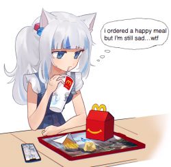 Rule 34 | 1girl, after meal, animal ears, bloop (gawr gura), blue hair, cat ears, cookiedusty, crumpled paper, cube hair ornament, cup, drinking, drinking straw, drinking straw in mouth, english text, food, french fries, frown, gawr gura, gawr gura (casual), hair ornament, hand on table, happy meal, highres, hololive, hololive english, mcdonald&#039;s, meme, multicolored hair, profanity, restaurant, simple background, sitting, solo, streaked hair, thought bubble, tray, virtual youtuber, walfie (style), white background, white hair
