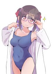 Rule 34 | 1girl, absurdres, adjusting eyewear, black hair, breasts, covered navel, dressing, glasses, hair ornament, hair ribbon, highleg, highleg swimsuit, highres, lab coat, looking at viewer, medium breasts, medium hair, multicolored hair, murairamuraiari, one-piece swimsuit, onii-chan wa oshimai!, orange eyes, oyama mihari, purple hair, ribbon, simple background, solo, sparkle, sweatdrop, swimsuit, swimsuit under clothes, twintails, two-tone hair, white background