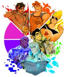 Rule 34 | 6+boys, ancient greek clothes, avatar legends, bare shoulders, black hair, black sclera, blonde hair, blue eyes, bolin, brown hair, cartoonized, color coordination, color wheel, color wheel challenge, colored sclera, crossover, curtained hair, cyborg, cyborg (dc), dark-skinned male, dark skin, dc comics, fire, fire ferret, flashlight, fred jones, galo thymos, greco-roman clothes, green eyes, hades (series), hades 1, hand tattoo, heart, heart tattoo, hercules (1997 film), hercules (disney), heterochromia, highres, himbo, holding, holding flashlight, holding lantern, holding newspaper, holding pencil, holding photo, johnny bravo, johnny bravo (series), lantern, laurel crown, long sleeves, looking at viewer, male focus, mismatched sclera, multiple boys, multiple crossover, multiple drawing challenge, muscular, muscular male, narcissism, neckerchief, nectar (hades), newspaper, open mouth, orange hair, orange neckerchief, padeliciouss, pencil, photo (object), promare, reading, red eyes, scooby-doo, short hair, skull, smile, sunglasses, superhero costume, tattoo, teen titans, teen titans go!, the legend of korra, toon (style), zagreus (hades)