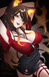 Rule 34 | 1girl, absurdres, animal ears, arms behind head, arms up, bare shoulders, belt, black skirt, blonde hair, breasts, brown hair, chain, cleavage, collar, collarbone, fiery ears, highres, large breasts, long hair, looking at viewer, multicolored hair, off-shoulder shirt, off shoulder, open mouth, original, pencil skirt, red shirt, shirt, sidelocks, sinder (vtuber), sinder (vtuber) (1st costume), skirt, smile, solo, streaked hair, swept bangs, thigh strap, thighs, tofuubear, tongue, tongue out, virtual youtuber, yellow eyes