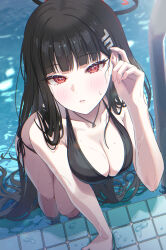 Rule 34 | 1girl, absurdres, bikini, black bikini, black hair, blue archive, blush, breasts, cleavage, collarbone, feet out of frame, hair ornament, hairpin, halo, highres, large breasts, long hair, looking at viewer, momomoi momoi, partially submerged, pool, red eyes, rio (blue archive), side-tie bikini bottom, solo, swimsuit, water, wet