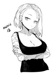 Rule 34 | 1girl, android 18, asymmetrical bangs, bob cut, breasts, cleavage, closed mouth, cropped torso, crossed arms, ddari, dragon ball, dragonball z, earrings, greyscale, head tilt, highres, jewelry, large breasts, long sleeves, looking at viewer, medium hair, monochrome, shirt, simple background, solo, upper body, white background