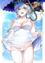 Rule 34 | 1girl, absurdres, anastasia (fate), anastasia (swimsuit archer) (fate), anastasia (swimsuit archer) (second ascension) (fate), bare shoulders, blue eyes, blush, bow, braid, breasts, cleavage, collarbone, doll, dress, dress swimsuit, fate/grand order, fate (series), flower wreath, hair bow, hair over one eye, head wreath, highres, large breasts, len (hand linke), long hair, looking at viewer, open mouth, silver hair, smile, thighs, twin braids, very long hair, viy (fate), white dress