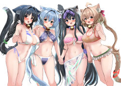 Rule 34 | 4girls, :d, animal ear fluff, animal ears, aqua eyes, arashio (azur lane), asashio (azur lane), azur lane, bell, bikini, black hair, blue bikini, blue hair, blush, braid, breasts, brown eyes, brown hair, cat ears, cat tail, cleavage, hair ribbon, hey taisyou, highres, holding hands, large breasts, long hair, looking at viewer, medium breasts, michishio (azur lane), multiple girls, navel, ooshio (azur lane), open mouth, paw print, purple eyes, red eyes, ribbon, simple background, smile, swimsuit, tail, twin braids, twintails, very long hair, white background