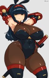 Rule 34 | 1girl, animal ears, armpits, arms up, blue hair, blunt bangs, bodysuit, breasts, brown bodysuit, cameltoe, cleft of venus, closed mouth, collar, covered navel, curvy, fake animal ears, gauntlets, grey background, hair ribbon, hairband, haku hakujou daimaou, highres, impossible clothes, katana, large breasts, leotard, long hair, looking at viewer, original, playboy bunny, ponytail, rabbit ears, ribbon, shiny clothes, sidelocks, simple background, sleeveless, smile, solo, sword, thick thighs, thighs, weapon, wide hips, yellow eyes