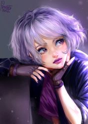 Rule 34 | 1girl, absurdres, artist name, blouse, commentary, english commentary, fingerless gloves, flower (vocaloid), flower (vocaloid4), gloves, hand on own cheek, hand on own chin, hand on own face, head rest, highres, jacket, lipstick, looking to the side, makeup, nail polish, pimienta kast, purple eyes, purple gloves, purple hair, purple jacket, purple lips, purple shirt, purple theme, realistic, shirt, short hair, sidelighting, solo, vocaloid