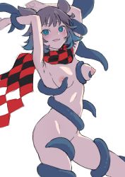Rule 34 | 1girl, animal ears, arknights, arms up, black scarf, blue eyes, blue hair, blush, breasts, brown hair, checkered clothes, checkered scarf, cowboy shot, deepcolor (arknights), deepcolor (elite ii) (arknights), gradient hair, highres, medium breasts, multicolored hair, nipples, nude, open mouth, red scarf, restrained, scarf, short hair, simple background, solo, tentacles, white background, yotubeya