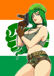 Rule 34 | 1girl, breasts, cleavage, gloves, green eyes, green hair, grin, gun, hat, large breasts, legs, long hair, looking at viewer, midriff, navel, original, saint patrick&#039;s day, shiny skin, shorts, smile, solo, tank top, thighs, weapon