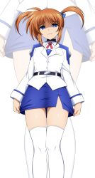 Rule 34 | 1girl, absurdres, adjusting skirt, annoyed, belt, blue eyes, brown hair, buckle, eyebrows hidden by hair, hair ribbon, highres, long sleeves, looking at viewer, lyrical nanoha, mahou shoujo lyrical nanoha, military uniform, oshimaru026, pencil skirt, red ribbon, ribbon, shaded face, sidelocks, skirt, solo, takamachi nanoha, thighhighs, tsab air military uniform, twintails, uniform, white background, zoom layer