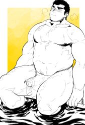 Rule 34 | 1boy, bara, blush, bulge, covering privates, erection, erection under clothes, facial hair, feet out of frame, higemorigen, highres, large pectorals, male focus, mature male, monochrome, muscular, muscular male, navel, navel hair, nipples, nude cover, onsen, original, pectorals, penis, penis peek, short hair, sideburns, solo, steam, stomach, stubble, thick eyebrows, thick thighs, thighs, topless male, wet, yellow theme