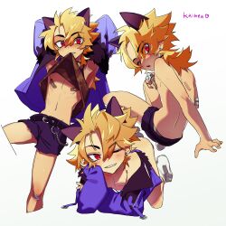 Rule 34 | 1boy, absurdres, animal ears, bandages, black choker, black ears, blonde hair, camouflage, camouflage shirt, cat ears, choker, clothes lift, covered erect nipples, earrings, fangs, fur trim, highres, indie virtual youtuber, jacket, jewelry, kainen, looking at viewer, male focus, midriff, navel, one eye closed, purple jacket, red eyes, shirt, shirt lift, shorts, socks, solo, stomach, trap, u0rei, virtual youtuber