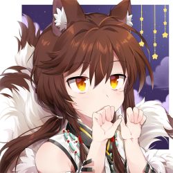 Rule 34 | 1girl, animal ear fluff, animal ears, bare shoulders, brown hair, covering own mouth, fox ears, fox tail, girls&#039; frontline, hand to own mouth, jin2, long hair, multiple tails, official alternate costume, solo, star (symbol), tail, type 79 (girls&#039; frontline), yellow eyes