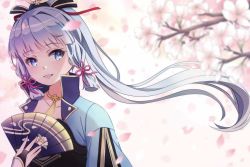 Rule 34 | 1girl, ayaka (genshin impact), blue eyes, blue hair, cherry blossoms, genshin impact, hair ribbon, hand fan, highres, holding, holding fan, japanese clothes, kimme1107, light blue hair, looking at viewer, open mouth, petals, ponytail, red ribbon, ribbon, smile, solo, upper body