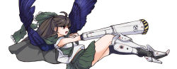 Rule 34 | 1girl, arm cannon, asymmetrical footwear, bird wings, black socks, bow, brown hair, cape, commentary request, control rod, full body, green bow, green cape, green skirt, hair bow, highres, kneehighs, long hair, looking afar, mechanical boots, mismatched footwear, open mouth, ponytail, purple wings, radiation symbol, raphael ax, red eyes, reiuji utsuho, shirt, shoes, short sleeves, simple background, single shoe, skirt, socks, solo, touhou, weapon, white background, white shirt, wings