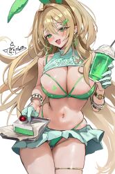 1girl absurdres alternate_costume animal_ears areola_slip bikini blonde_hair blush breasts cake cake_slice cherry cleavage clothes_lift commentary cup disposable_cup drink earrings fake_animal_ears fang food fruit gloves goddess_of_victory:_nikke green_bikini green_eyes hair_intakes half_gloves highleg highleg_bikini highres holding holding_cup holding_drink hoop_earrings jewelry large_breasts long_hair looking_at_viewer mell_(dmwe3537) navel open_mouth rabbit_ears rupee_(nikke) shrug_(clothing) simple_background skindentation skirt skirt_lift smile solo stomach swimsuit thigh_strap white_background white_gloves