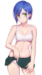 Rule 34 | 10s, 1girl, absurdres, arm at side, bare arms, bare shoulders, blue hair, blush, bra, breasts, closed mouth, clothes lift, commentary, cowboy shot, darling in the franxx, green eyes, green skirt, hair ornament, hairclip, hand on own leg, highres, ichigo (darling in the franxx), lifting own clothes, looking at viewer, medium breasts, navel, no shirt, panties, plaid, plaid skirt, short hair, simple background, skirt, skirt lift, solo, standing, stomach, underwear, white background, white bra, white panties, wuguno ziran juan
