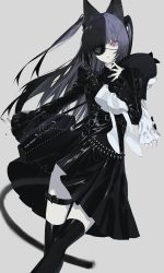 Rule 34 | 1girl, absurdres, animal ears, bag, black dress, black hair, black thighhighs, carrying over shoulder, cat ears, coffin, doll, dress, ear piercing, eyepatch, full body, grey hair, highres, holding, holding doll, kotarou (kot mochi), long sleeves, looking away, multicolored hair, original, parted lips, piercing, pink eyes, shoulder bag, solo, split-color hair, thigh strap, thighhighs, two-tone hair, two side up