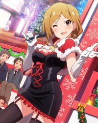 Rule 34 | 10s, 1girl, 3boys, :d, ;d, blush, brown eyes, brown hair, capelet, christmas, earrings, garter straps, gloves, heart, heart-shaped eyes, idolmaster, idolmaster million live!, jewelry, looking at viewer, microphone, momose rio, multiple boys, official art, one eye closed, open mouth, smile, snowflakes, thighhighs, wink