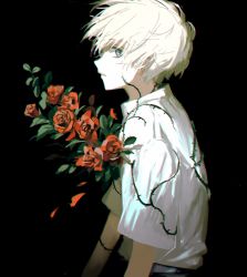 Rule 34 | 1boy, albino, arms at sides, belt, bishounen, black background, black pants, colored skin, dress shirt, expressionless, extraspiky, floating hair, flower, from side, grey eyes, looking back, male focus, original, pants, parted lips, petals, plant, profile, red flower, red rose, rose, shirt, short sleeves, simple background, thorns, upper body, vines, white hair, white shirt, white skin