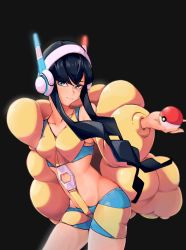 Rule 34 | 1girl, 2049 (hh5566), absurdres, black background, black hair, blunt bangs, blush, breasts, closed mouth, coat, collarbone, commentary request, cowboy shot, creatures (company), elesa (pokemon), eyelashes, game freak, green eyes, hand up, headphones, highres, holding, holding poke ball, korean commentary, long sleeves, looking at viewer, midriff, nintendo, open clothes, open coat, poke ball, poke ball (basic), pokemon, pokemon bw2, short hair with long locks, sidelocks, simple background, smile, solo, yellow coat