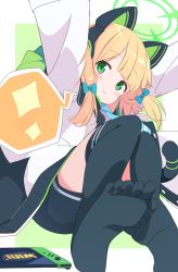 Rule 34 | !, 1girl, animal ear headphones, animal ears, arms up, black shorts, black thighhighs, blonde hair, blue archive, blue bow, blue necktie, blush, border, bow, cat ear headphones, commentary, fake animal ears, fake tail, feet, foot out of frame, frown, green background, green eyes, hair bow, halo, headphones, highres, hood, hooded jacket, jacket, memoi, midori (blue archive), necktie, nintendo switch, short hair, short twintails, shorts, simple background, solo, speech bubble, spoken exclamation mark, tail, thighhighs, twintails, white jacket