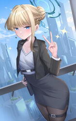 Rule 34 | 1girl, black jacket, black pantyhose, black skirt, blonde hair, blue archive, blue eyes, blush, closed mouth, hair bun, halo, hand up, highres, jacket, long sleeves, looking at viewer, office lady, open clothes, open jacket, pantyhose, shirt, shougun (chuckni1), skirt, solo, thigh strap, toki (blue archive), v, white shirt