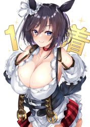 Rule 34 | 1, 1girl, animal ears, arms behind back, bare shoulders, belt, black hair, blue eyes, blush, bow, breasts, cleavage, closed mouth, collarbone, corset, cowboy shot, detached sleeves, dirndl, dress, ear ornament, ear ribbon, eishin flash (umamusume), frilled dress, frilled sleeves, frills, german clothes, hair between eyes, happy, highres, horse ears, horse girl, huge breasts, looking at viewer, medium hair, mutou mame, red skirt, ribbon, scrunchie, sideboob, skirt, smile, solo, striped clothes, striped skirt, sweat, traditional clothes, umamusume, underbust, vertical-striped clothes, vertical-striped skirt, white dress, white ribbon